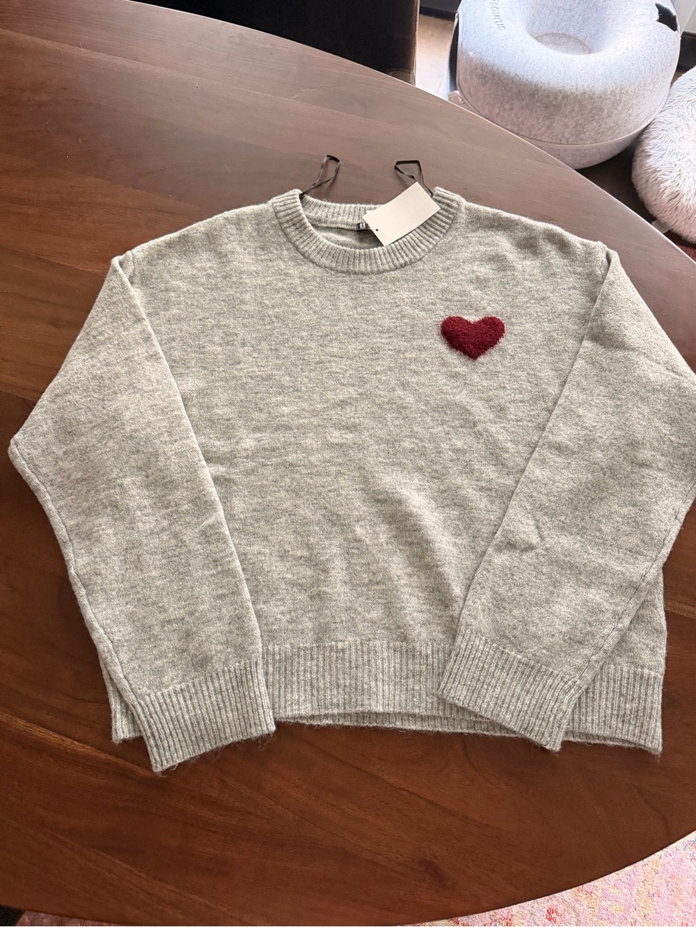 H&M Light Gray Crewneck Sweater with Red Heart Patch